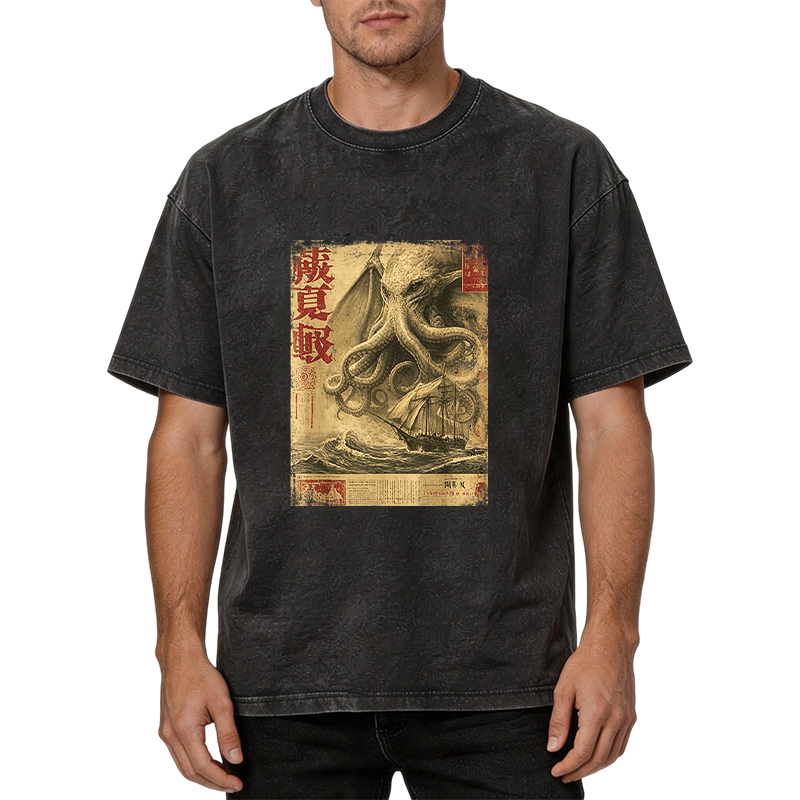 Tokyocanvas Cthulhu Kraken Vintage Japanese Sea Monster Newspaper Washed T-Shirt