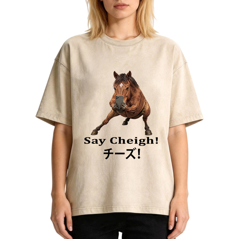 Tokyocanvas Say Cheigh! Horse Meme Washed T-Shirt