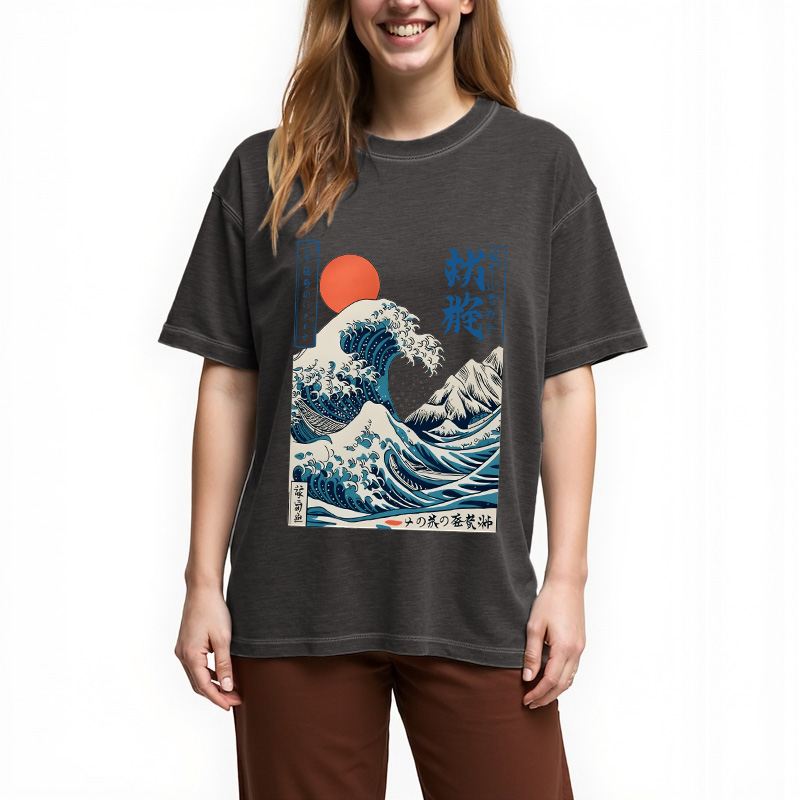 Tokyocanvas Ukiyo-e Ocean Waves Japan Gradient Washed T-Shirt