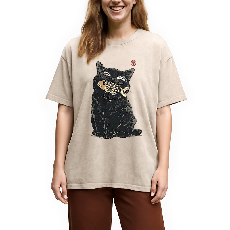 Tokyocanvas Happy Black Cat Washed T-Shirt