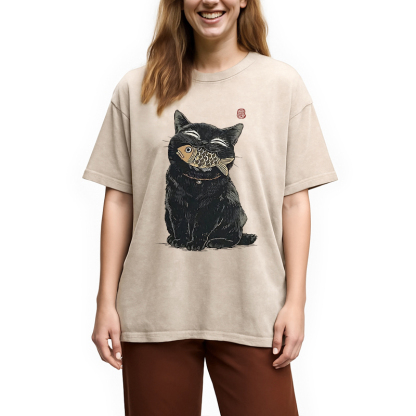 Tokyocanvas Happy Black Cat Washed T-Shirt