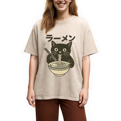 Tokyocanvas Simple Black Cat Eating Ramen Washed T-Shirt