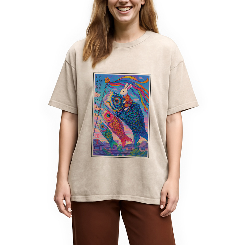 Tokyocanvas Ukiyoe Rabbit Ride Carp streamer Poster Washed T-Shirt