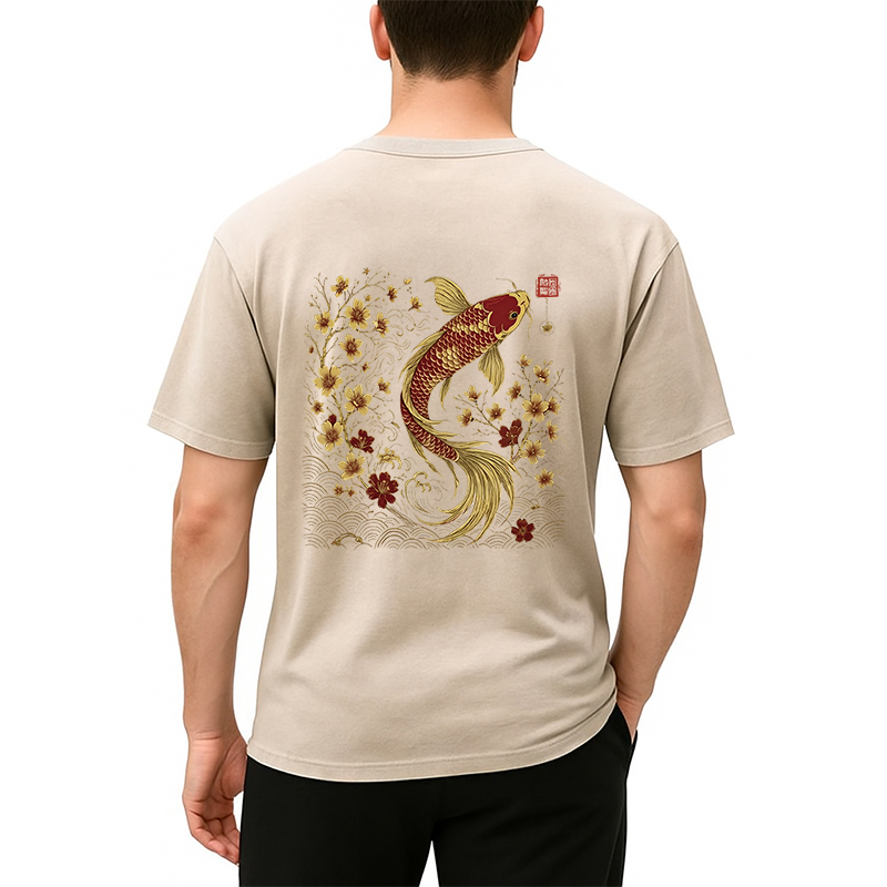 Tokyocanvas Vintage Sakura And Koi Back Washed T-Shirt