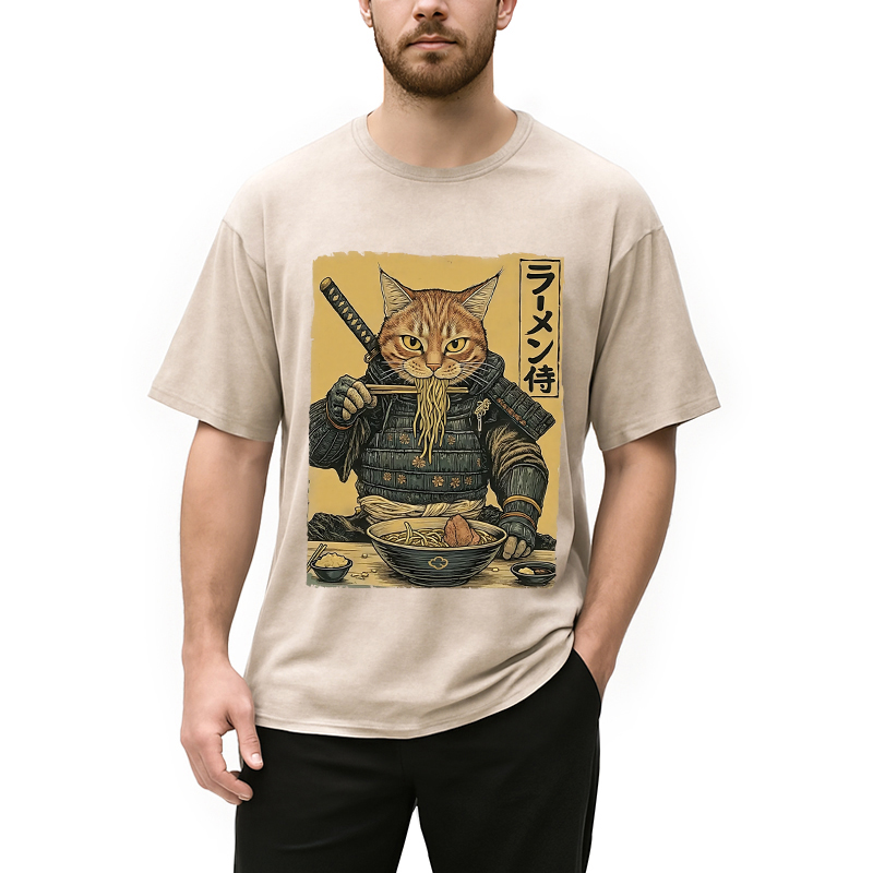 Tokyocanvas Cat General Eating Ramen Washed T-Shirt