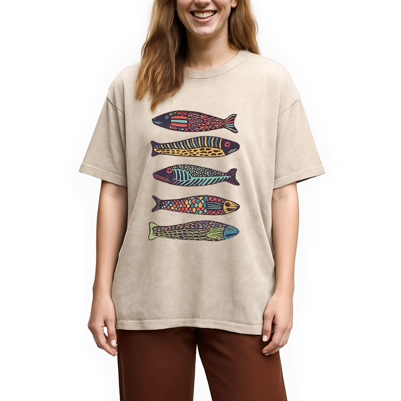 Tokyocanvas Colourful Schools Of Fish Washed T-Shirt