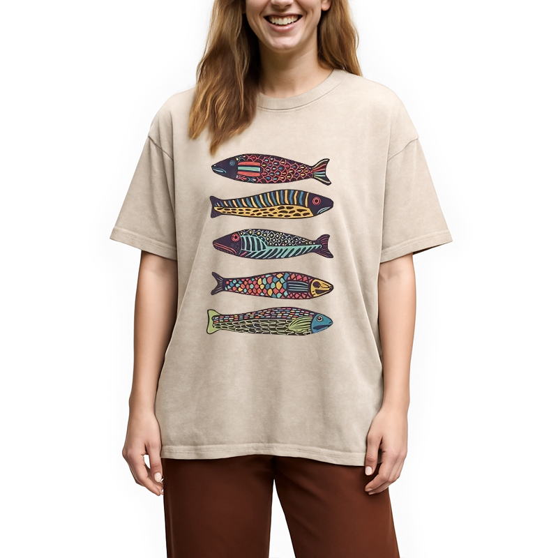 Tokyocanvas Colourful Schools Of Fish Washed T-Shirt