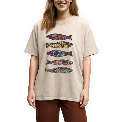Tokyocanvas Colourful Schools Of Fish Washed T-Shirt