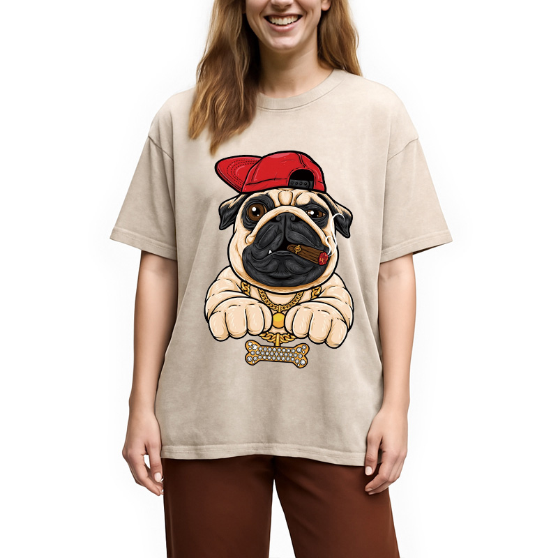 Tokyocanvas Pug hiphop Washed T-Shirt