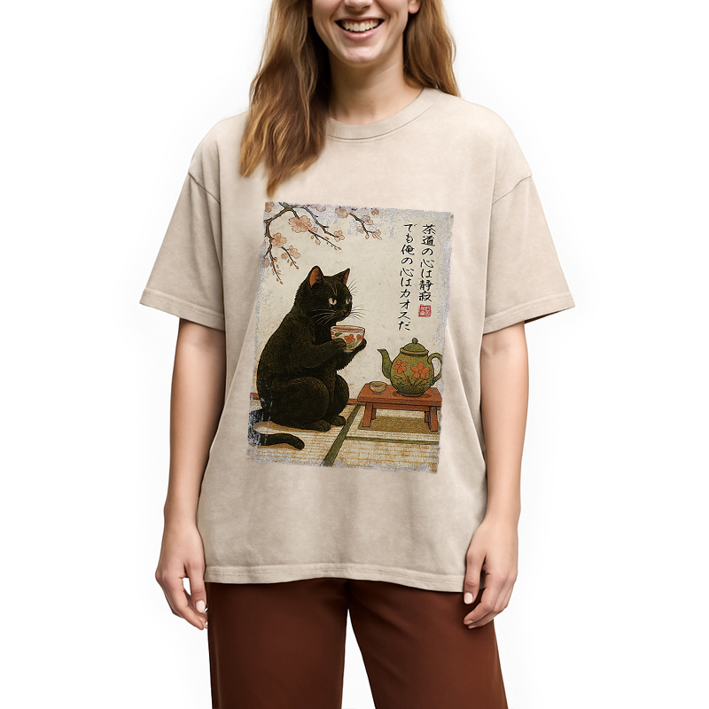 Tokyocanvas Tea Time With A Black Cat Washed T-Shirt