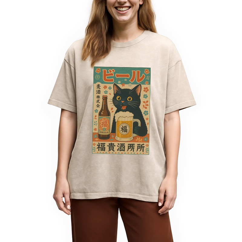 Tokyocanvas Japanese Black Cat Beer Washed T-Shirt