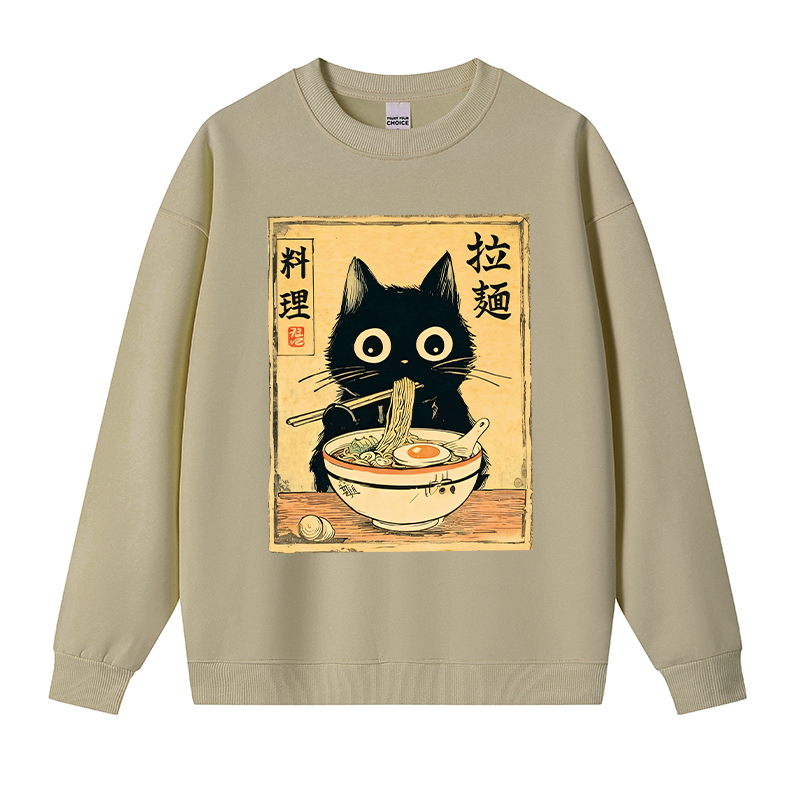 Tokyocanvas Cute Black Cat Eating Ramen Fleece Lined Sweatshirt