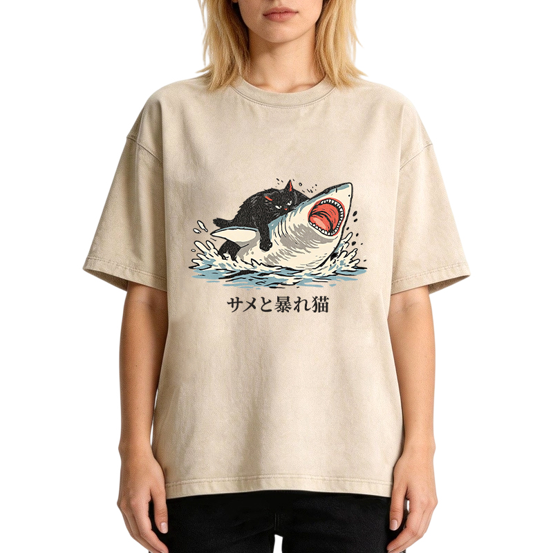 Tokyocanvas Fat Cat Vs Shark Washed T-Shirt