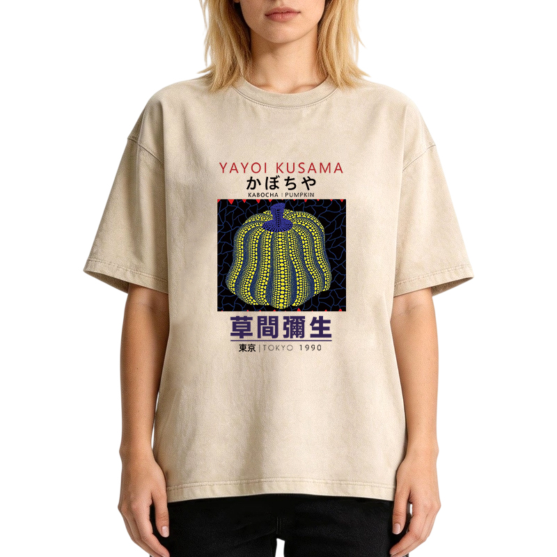 Tokyocanvas Art Navy Yellow Pumpkin Washed T-Shirt