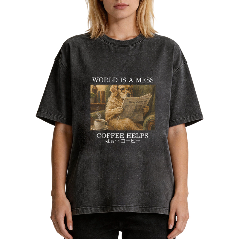 Tokyocanvas Coffee Lover Shirt Funny Dog Washed T-Shirt