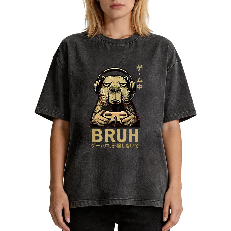 Tokyocanvas Capybara Gamer Bruh Funny Video Games Washed T-Shirt