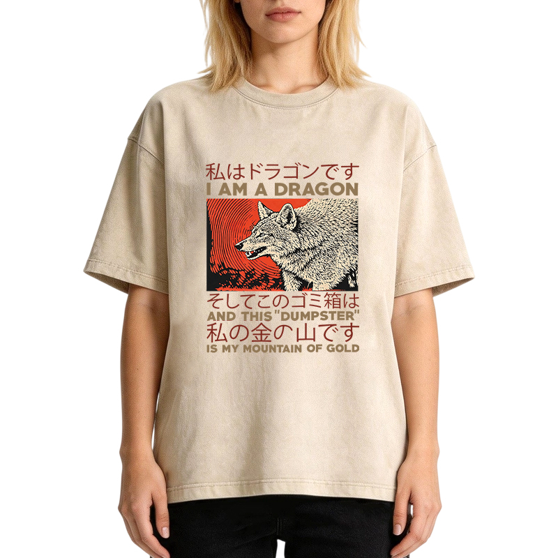 Tokyocanvas I Am A Dragon Coyote Raccoon Trash Graphic Washed T-Shirt