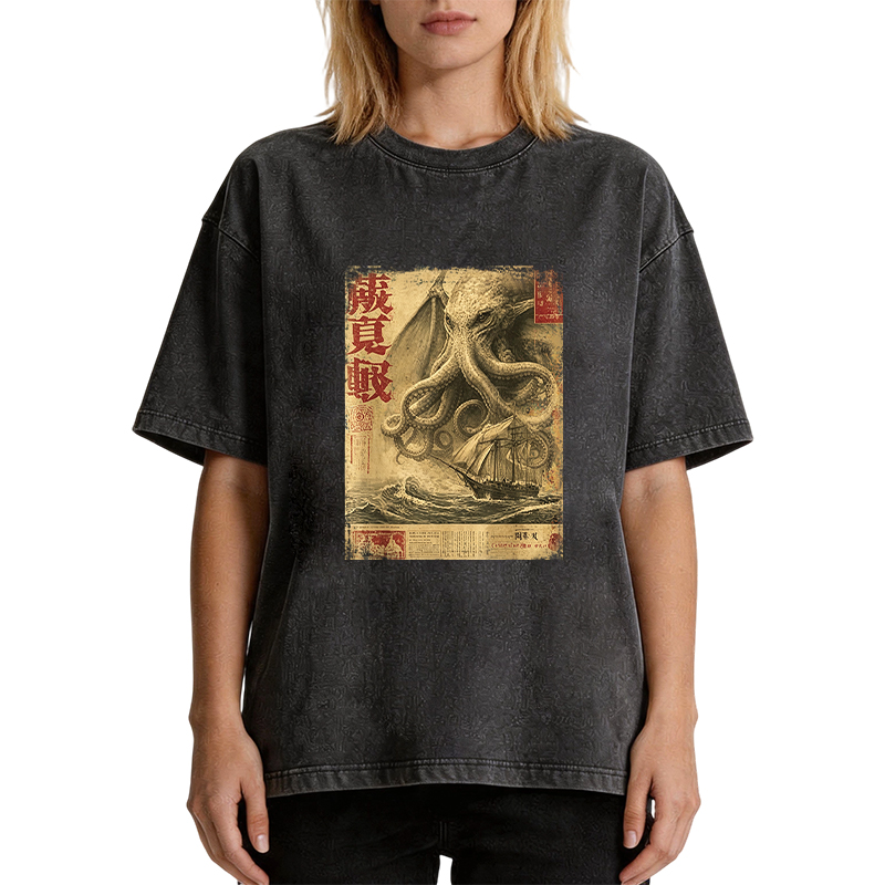 Tokyocanvas Cthulhu Kraken Vintage Japanese Sea Monster Newspaper Washed T-Shirt