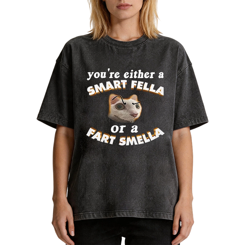 Tokyocanvas You're Either A Smart Fella Or A Fart Smella Funny Cat Washed T-Shirt