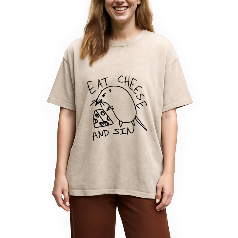 Tokyocanvas Eat Cheese And Sin Meme Washed T-Shirt