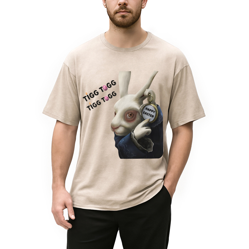 Tokyocanvas Tick Tock Funny Easter Bunny Washed T-Shirt