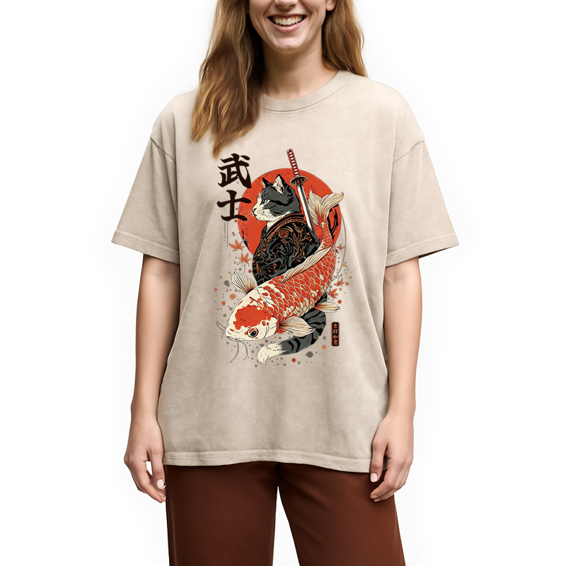 Tokyocanvas Samurai Cat And Koi Washed T-Shirt