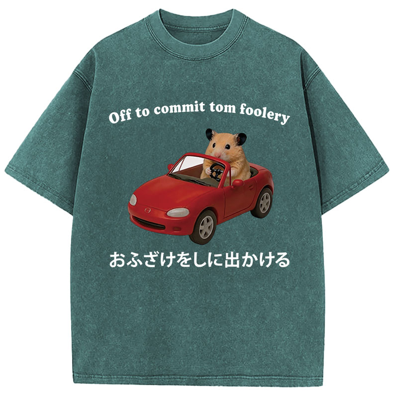 Tokyocanvas Off to Commit Tom Foolery Hamster Funny Washed T-Shirt