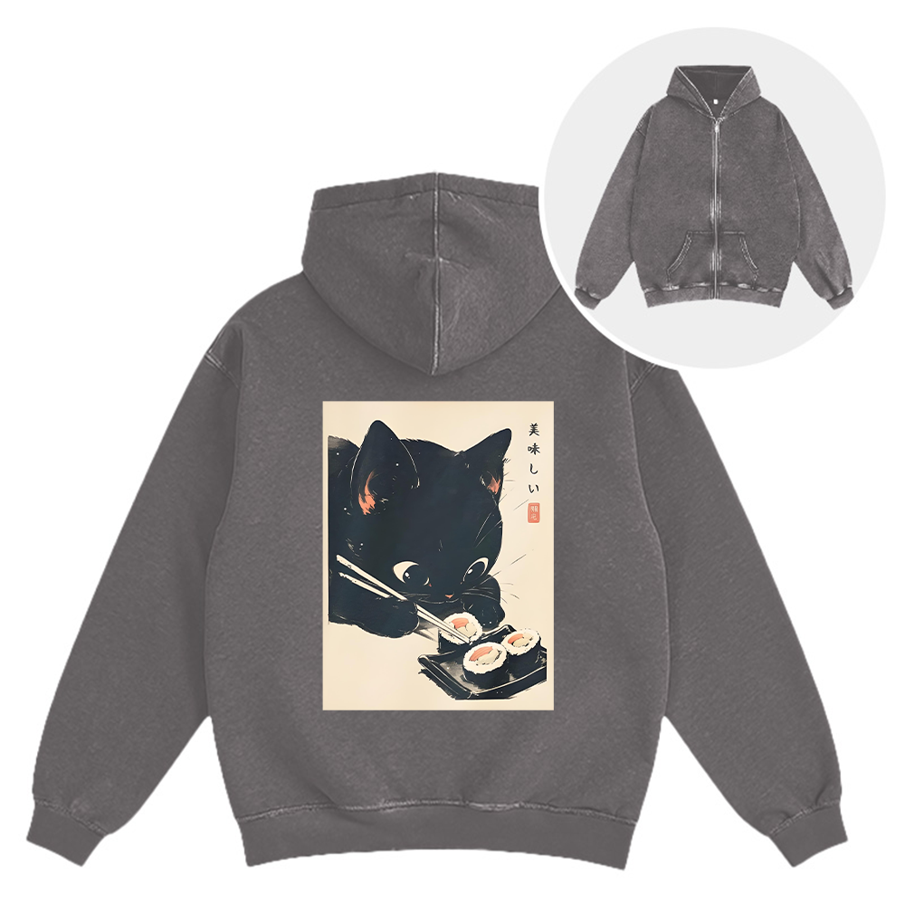Tokyocanvas Sushi Black Cat Washed Zip Hoodie