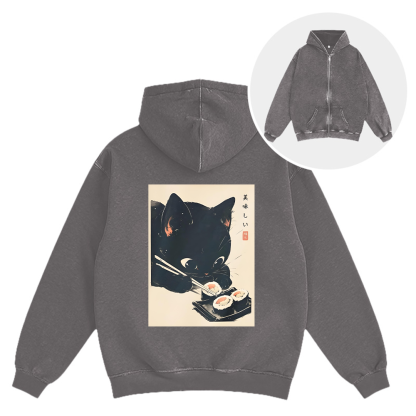 Tokyocanvas Sushi Black Cat Washed Zip Hoodie