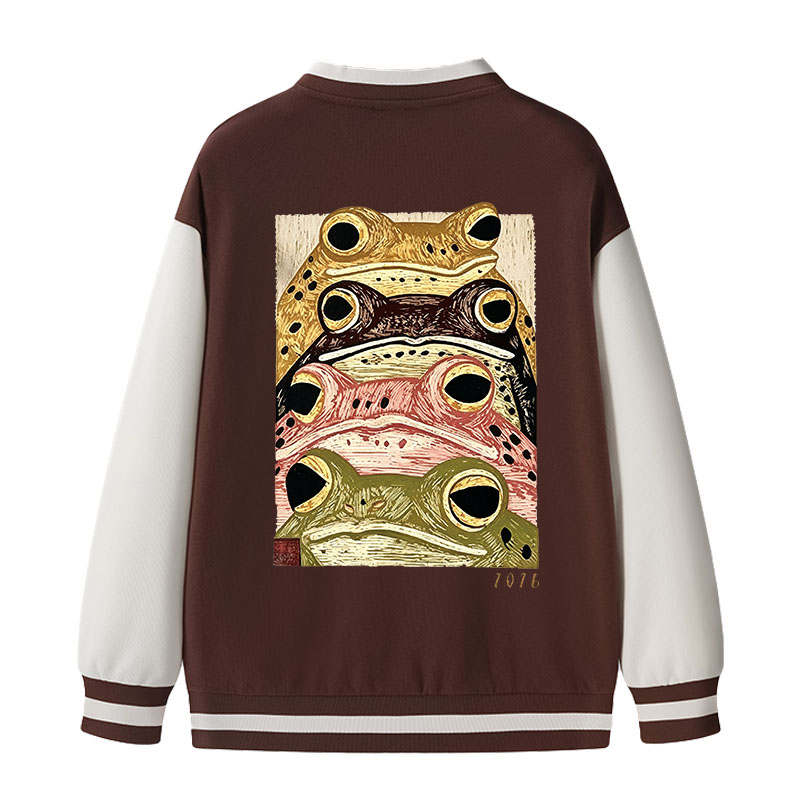 Tokyocanvas Whimsical Multi Colored Frog Art Varsity Jacket
