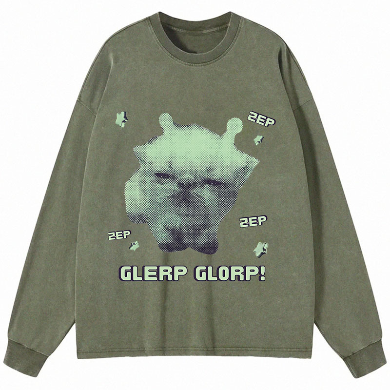 Tokyocanvas Sleepy Glerp Glorp Funny Cat Meme Long Sleeve Washed T-Shirt