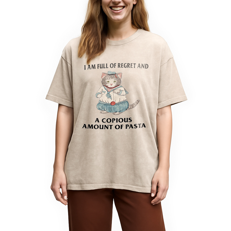 Tokyocanvas I Am Full Of Regret And A Copious Amount Of Pasta Cats Meme Washed T-Shirt