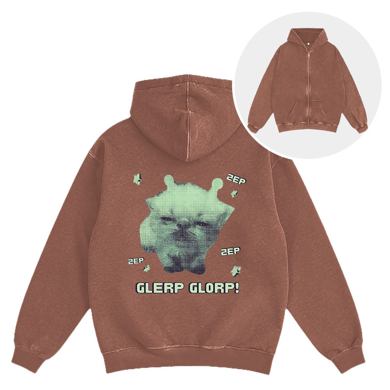 Tokyocanvas Sleepy Glerp Glorp Funny Cat Meme Washed Zip Hoodie