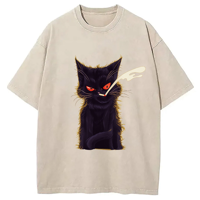 Tokyocanvas Funny Smoking Black Cat Face Washed T-Shirt