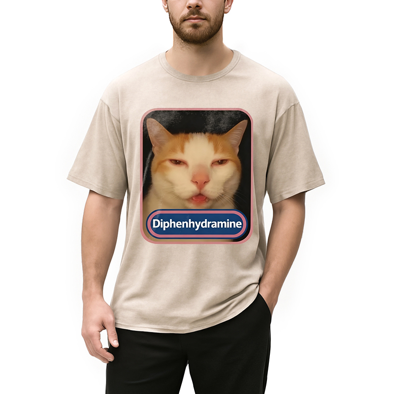 Tokyocanvas Pink Diphenhydramine Meme Cat Washed T-Shirt