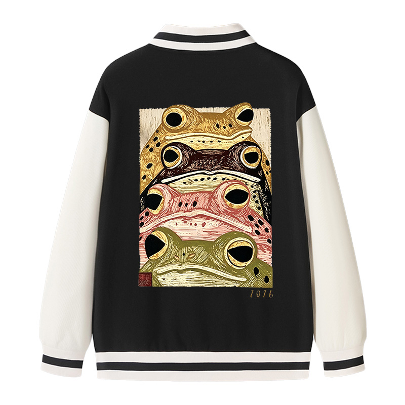 Tokyocanvas Whimsical Multi Colored Frog Art Varsity Jacket