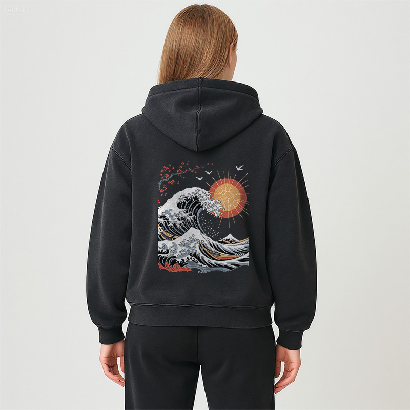 Tokyocanvas Ocean Sun Cherry Blossom Washed Zip Hoodie