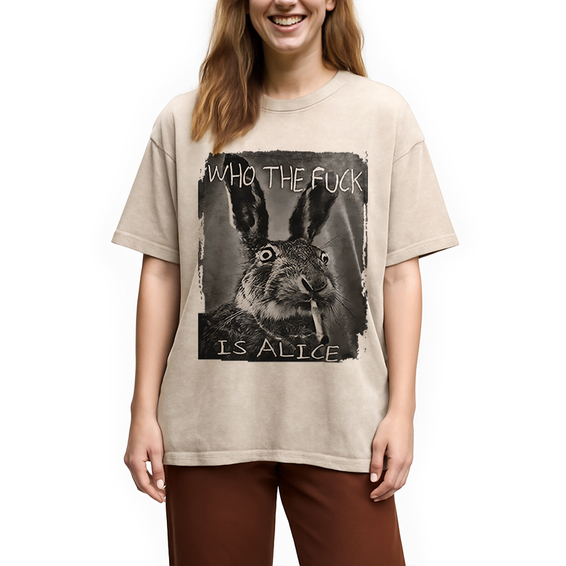 Tokyocanvas Who The F*ck Is Alice Rabbit Funny Washed T-Shirt