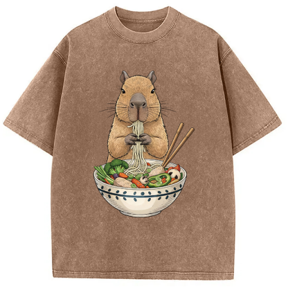 Tokyocanvas Funny Capybara Eating Ramen Washed T-Shirt