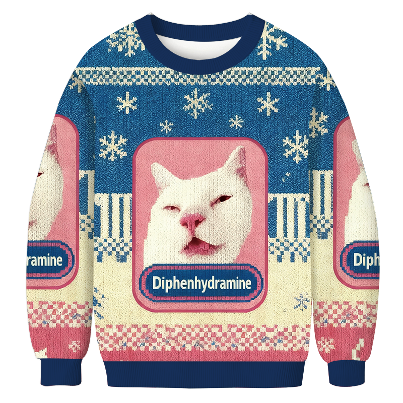 Tokyocanvas Funny Benadryl Meme Cat Christmas Ugly Sweatshirt