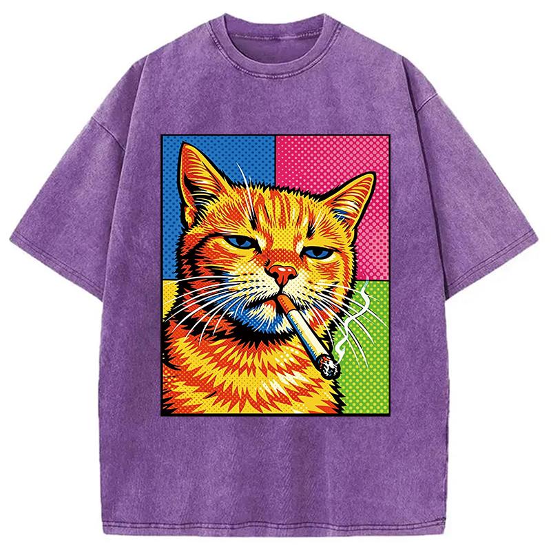 Tokyocanvas Cat Smoking Cigarette Washed T-Shirt