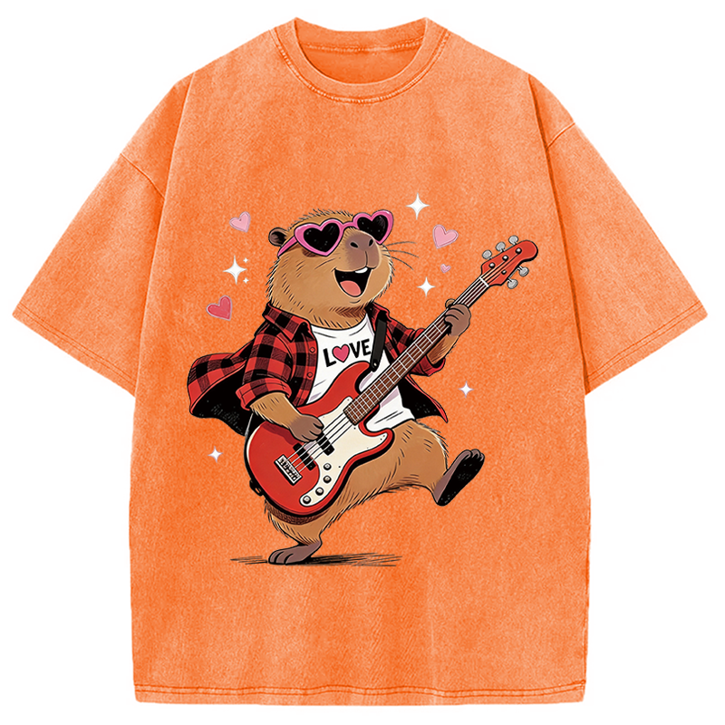 Tokyocanvas Cute Bear Guitar Valentine Washed T-Shirt