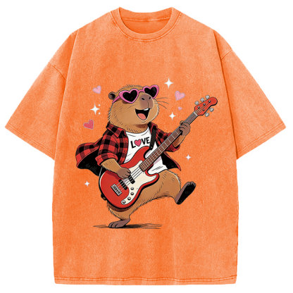 Tokyocanvas Cute Bear Guitar Valentine Washed T-Shirt