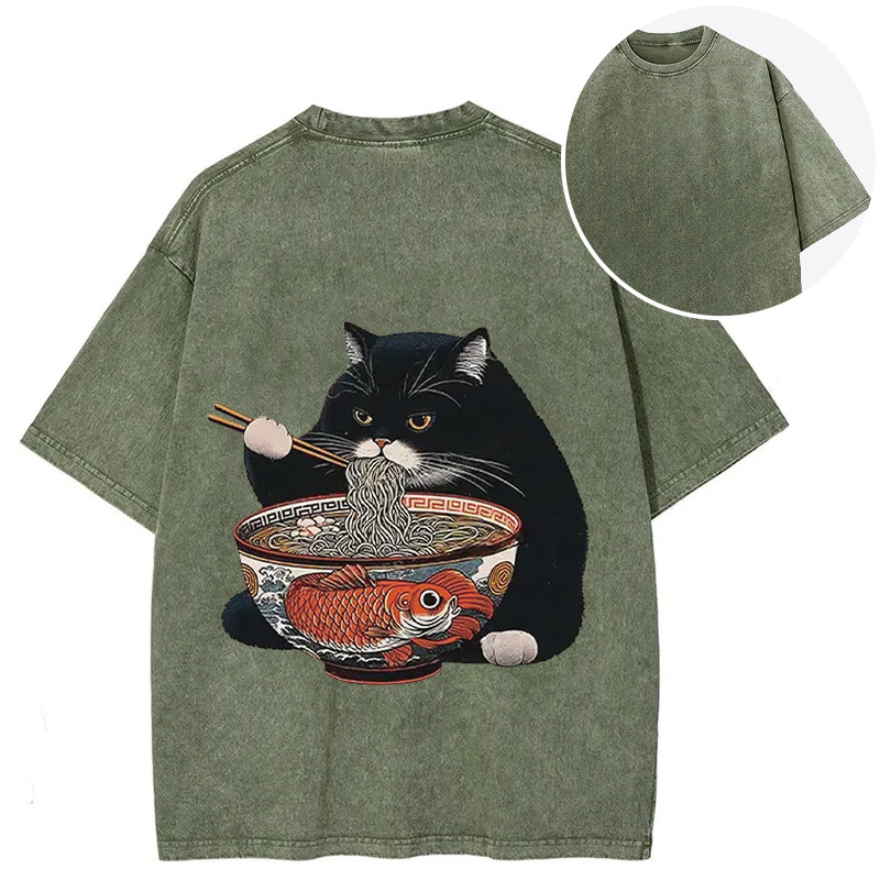 Tokyocanvas Fat Cat Eating Ramen Back Washed T-Shirt