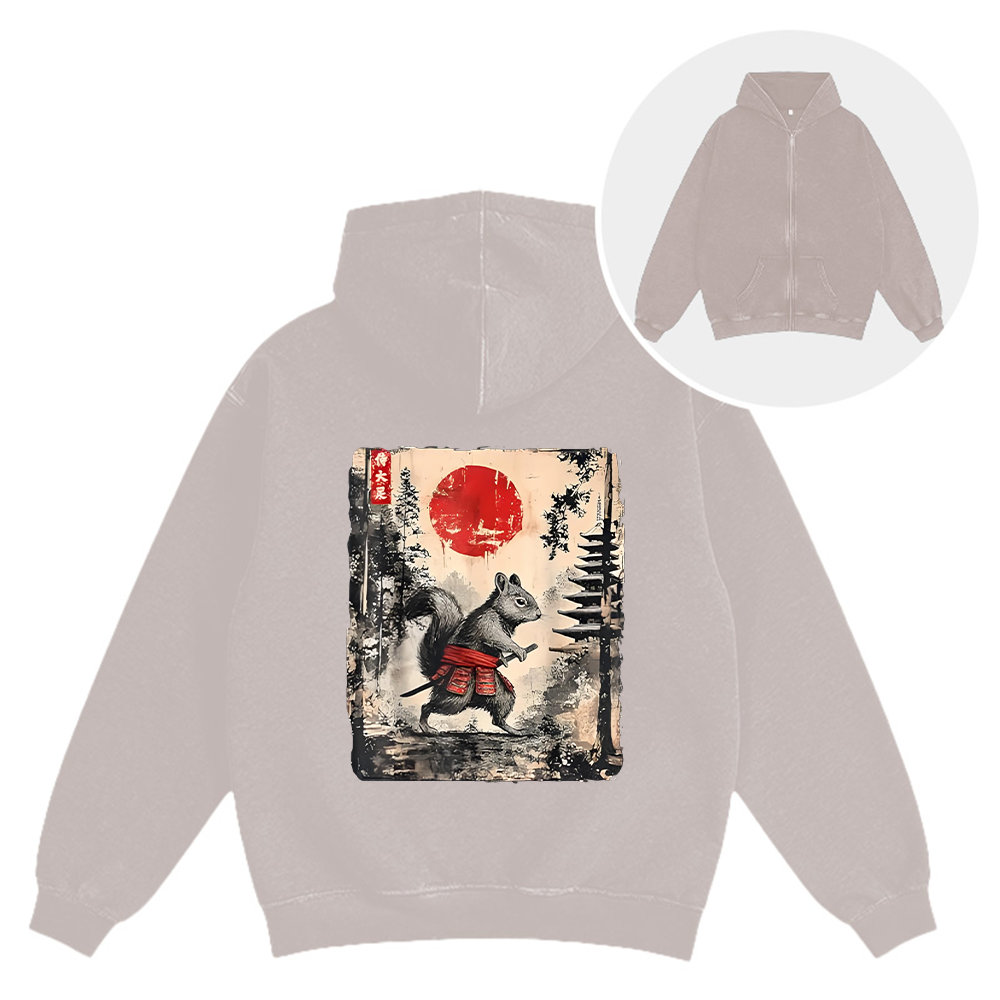 Tokyocanvas Samurai Squirrel Japanese Vintage Washed Zip Hoodie