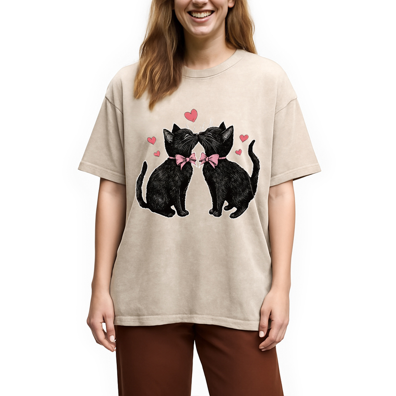 Tokyocanvas Cute Kissing Cat Washed T-Shirt