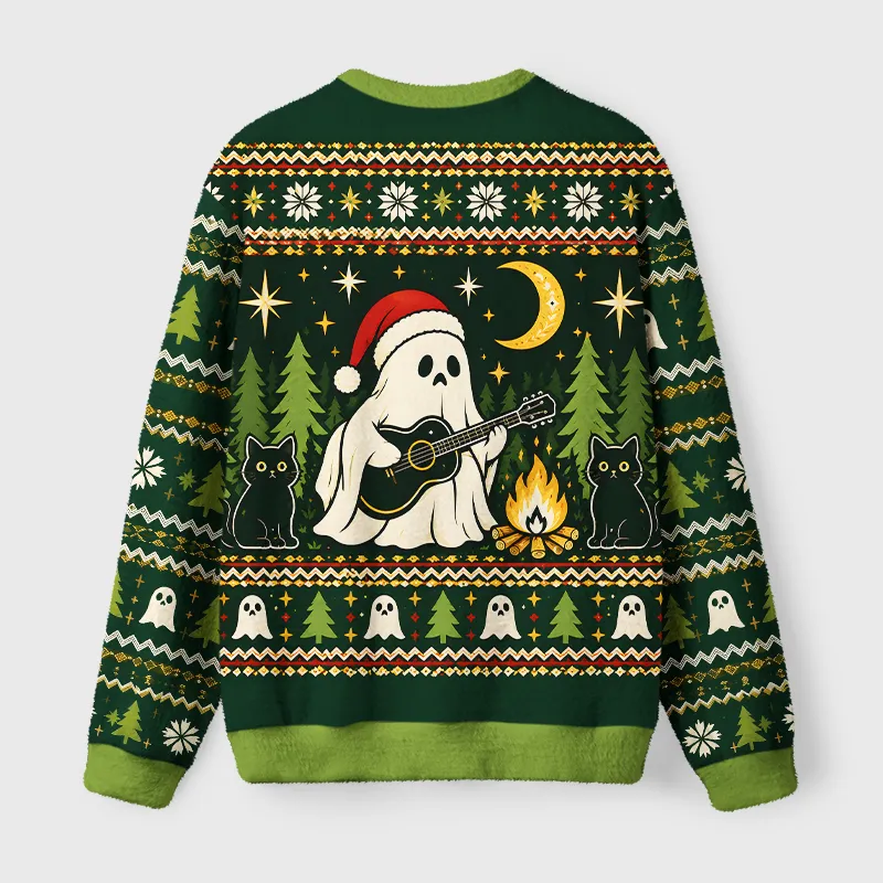 Tokyocanvas Ghost Playing Guitar Black Cat Fuzzy Christmas Ugly Sweatshirt
