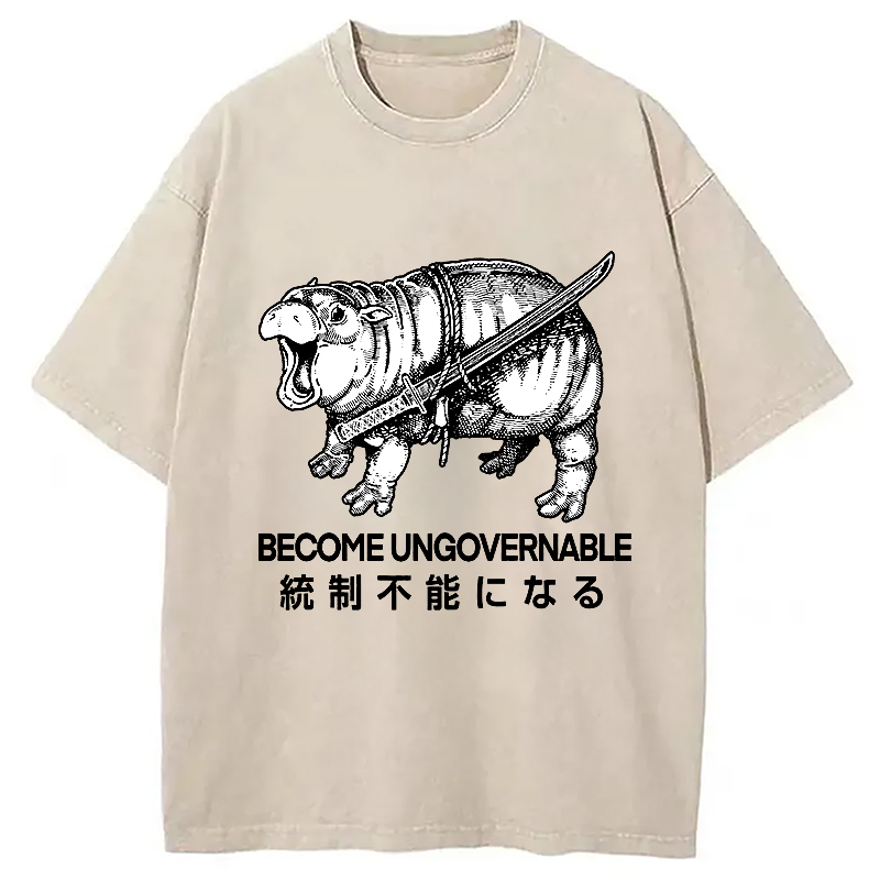 Tokyocanvas Moo Deng Carrying A Samurai Sword Washed T-Shirt