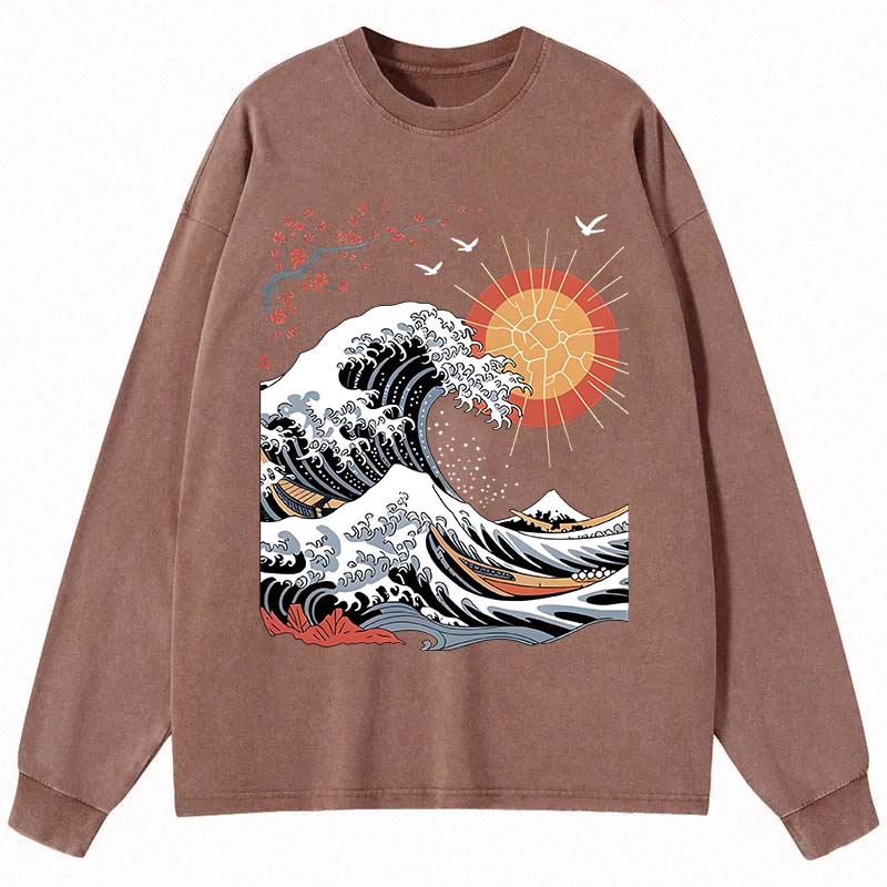 Tokyocanvas Ocean Sun Cherry Blossom Long Sleeve Washed T-Shirt