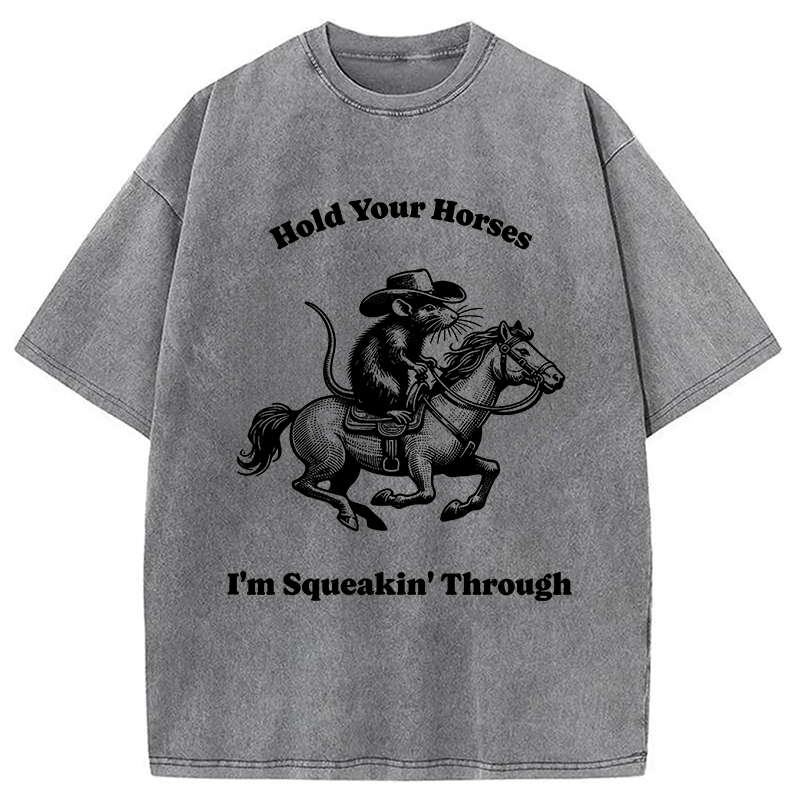 Tokyocanvas Hold Your Horse Funny Cowboy Rat Washed T-Shirt